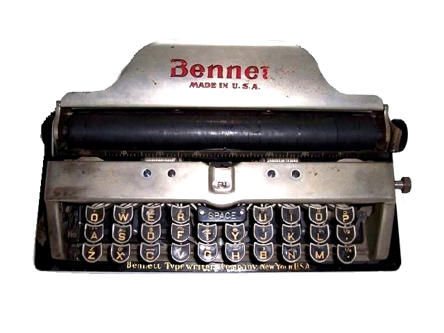 This is an overhead view of the typewriter. The second T in Bennett is missing from this machine's decal.