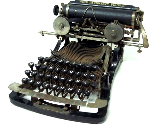 The Daugherty is a long, narrow, spare front-strike typewriter that preceded the Sholes' machine. It is not considered the first typewriter by any means, not even the first front-strike typewriter. Why? Because of the quality of its work. The design lacked a segment, the comb-like piece that keeps the typebars aligned properly as it moves from rest to the paper.